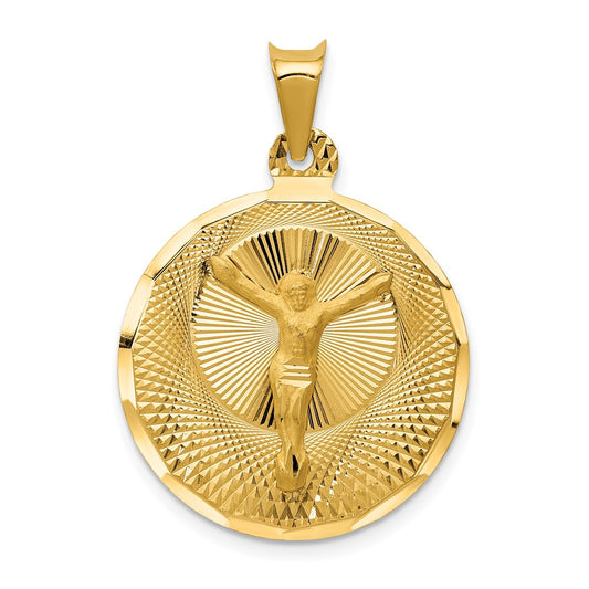 14k Yellow Gold Polished Diamond Cut Corpus CircleEngravable Charm Pendant Jewelry Gifts (Length 1.29" Width 0.9")