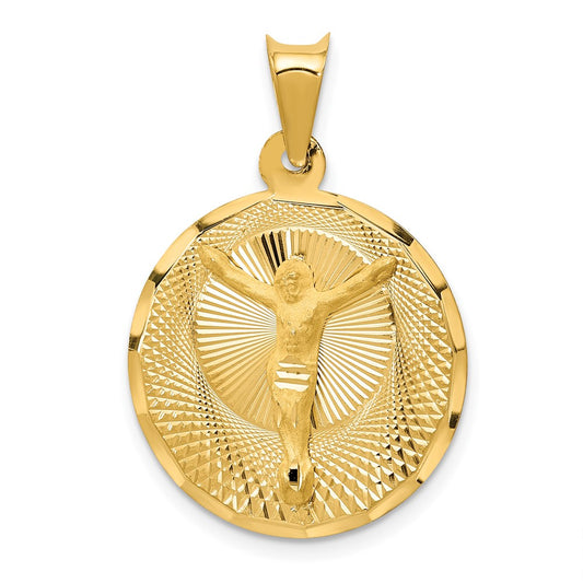 14k Yellow Gold Polished Diamond Cut Corpus CircleEngravable Charm Pendant Jewelry Gifts (Length 1.15" Width 0.8")