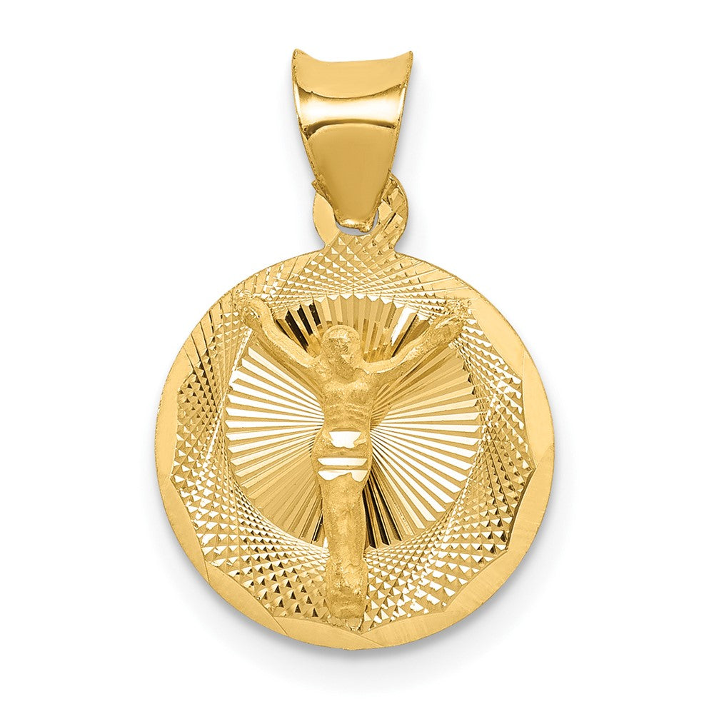 14k Yellow Gold Polished Diamond Cut Corpus CircleEngravable Charm Pendant Jewelry Gifts (Length 0.78" Width 0.51")
