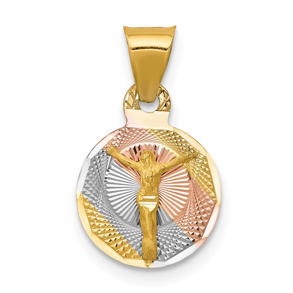 14k Yellow Gold with Rose and White Diamond Cut Corpus CircleEngravable Charm Pendant Jewelry Gifts (Length 0.66" Width 0.41")