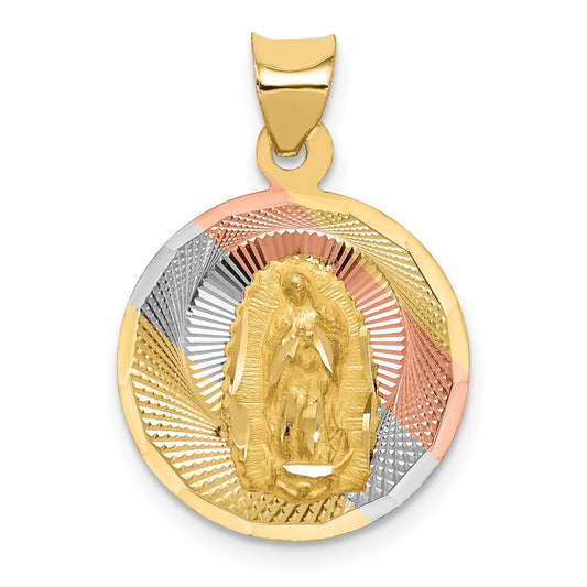 14k Yellow Gold Polished Diamond Cut Lady Of Guadalupe CircleEngravable Charm Pendant Jewelry Gifts (Length 0.91" Width 0.62")