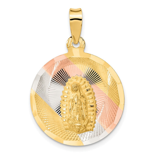 14k Yellow Gold Polished Diamond Cut Lady Of Guadalupe CircleEngravable Charm Pendant Jewelry Gifts (Length 1.33" Width 0.9")