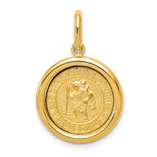 14k Yellow Gold Polished And Satin St Christopher Medal Engravable Charm Pendant Jewelry Gifts (Length 0.94" Width 0.62")