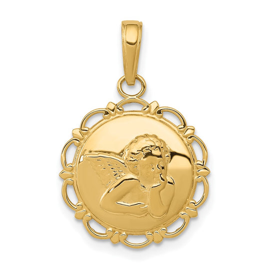 14k Yellow Gold Polished Angel On Round Scallop FrameEngravable Charm Pendant Jewelry Gifts (Length 0.93")