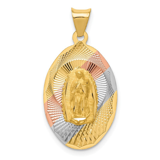 14k Yellow Gold Diamond Cut Lady Of Guadalupe OvalEngravable Charm Pendant Jewelry Gifts (Length 1.1" Width 0.56")