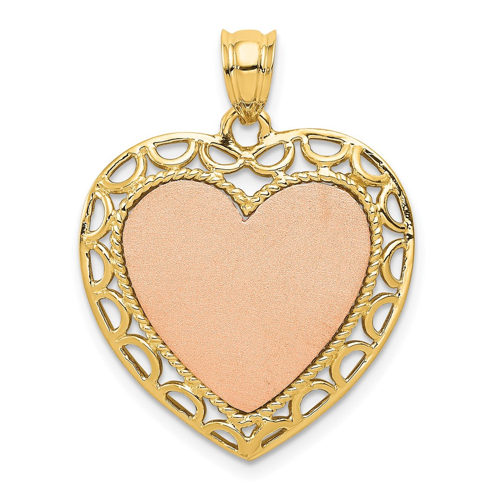 14K Two Tone Yellow and Rose Gold Polished Lace Trim HeartEngravable Charm Pendant Jewelry Gifts (Length 1.13" Width 0.87")