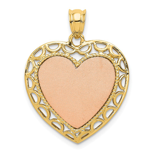 14K Two Tone Yellow and Rose Gold Polished Lace Trim HeartEngravable Charm Pendant Jewelry Gifts (Length 1.13" Width 0.87")