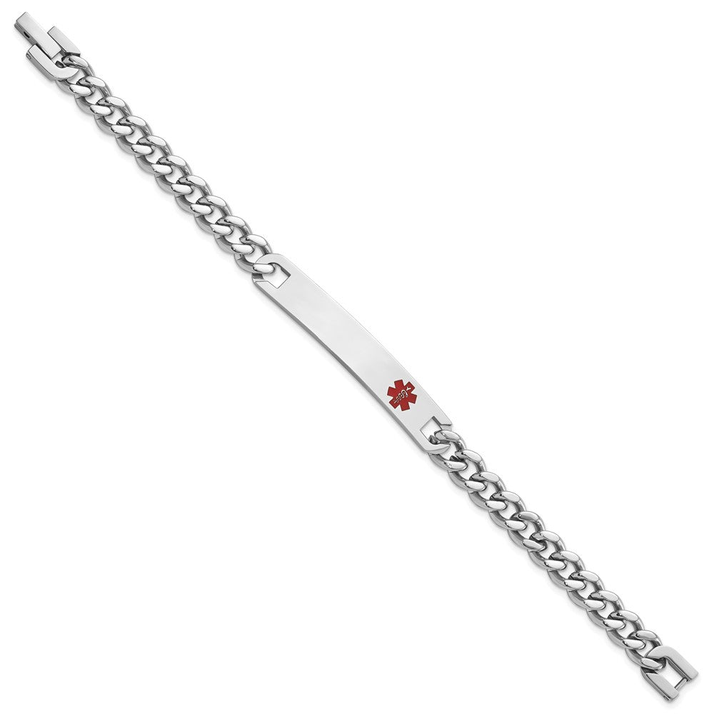 Polished Engravable Stainless Steel Red Epoxy Medical ID Bracelet Length 7.25 inches Width 7 mm With Fold Over Clasp