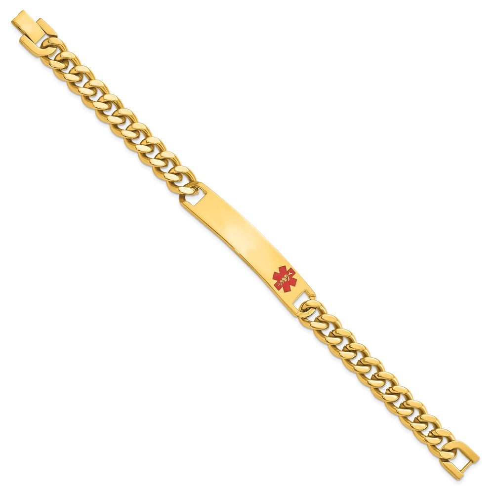 Polished Engravable Stainless Steel Yellow PVD Plated Red Epoxy Medical ID Bracelet Length 8.25 inches Width 10 mm With Fold Over Clasp