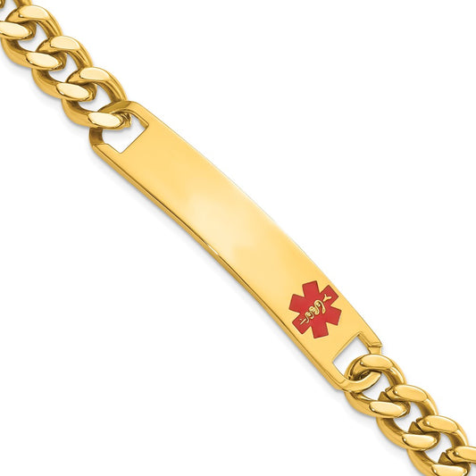 Polished Engravable Stainless Steel Yellow PVD Plated Red Epoxy Medical ID Bracelet Length 8.25 inches Width 10 mm With Fold Over Clasp
