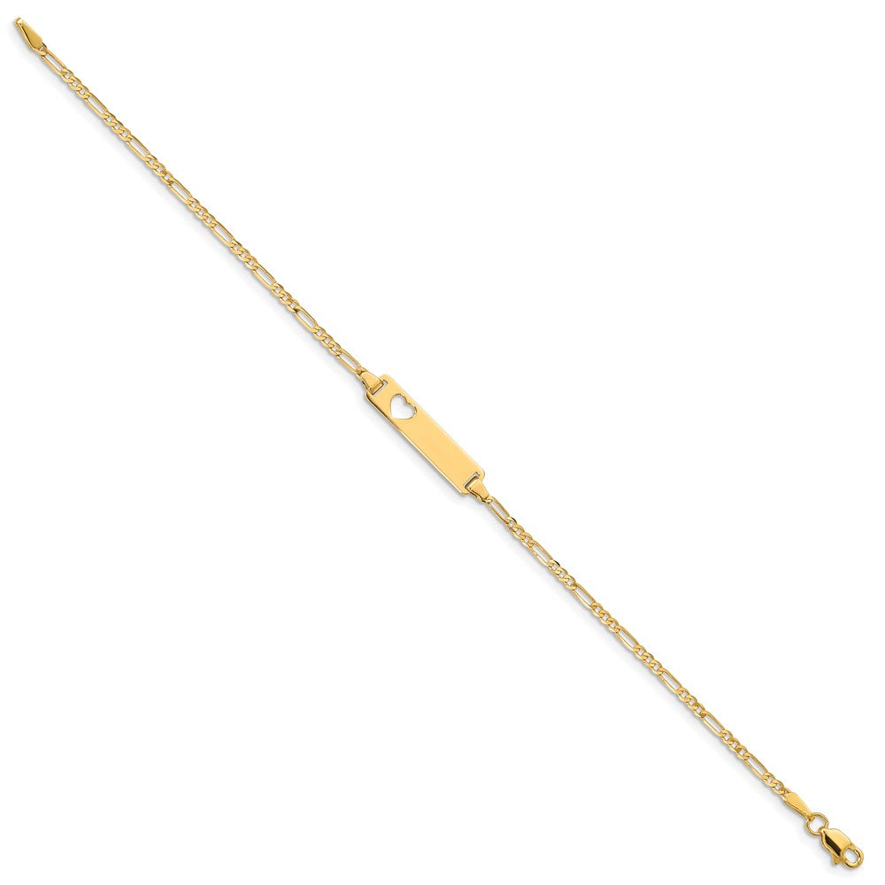 Polished Engravable 14K Yellow Gold Cut out Heart Figaro Link ID Bracelet Length 7 inches Width 5 mm With Lobster Claw Clasp