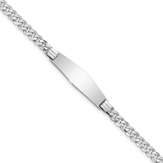 Engravable 14K White Gold Soft Diamond Shape Flat Curb Link ID Bracelet Length 8 inches Width 7.5 mm With Lobster Claw Clasp