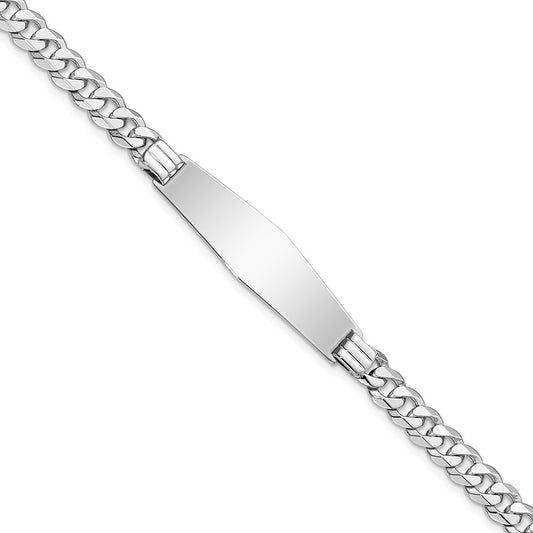 Engravable 14K White Gold Flat Curb Link Soft Diamond Shape ID Bracelet Length 8 inches Width 10 mm With Lobster Claw Clasp