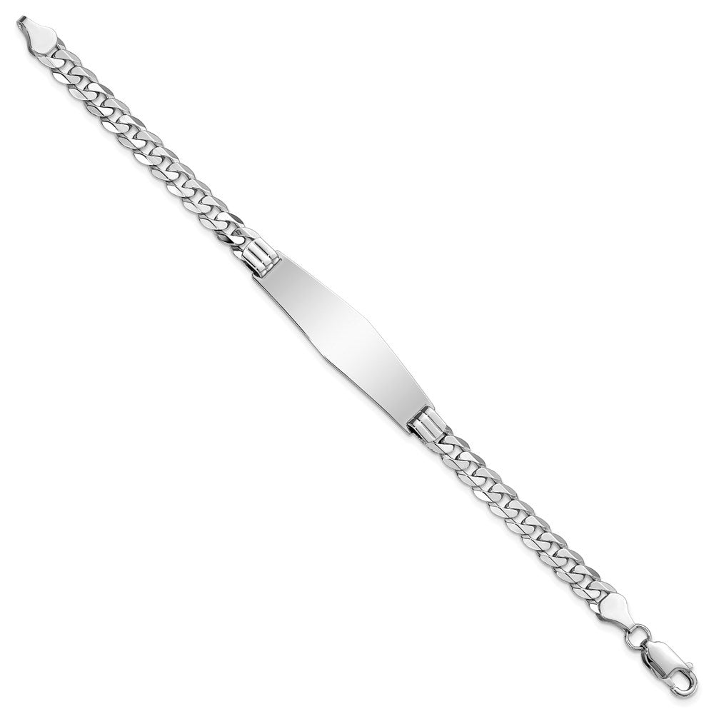 Engravable 14K White Gold Flat Curb Link Soft Diamond Shape ID Bracelet Length 8 inches Width 10 mm With Lobster Claw Clasp
