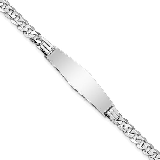 Engravable 14K White Gold Flat Curb Link Soft Diamond Shape ID Bracelet Length 8 inches Width 10 mm With Lobster Claw Clasp