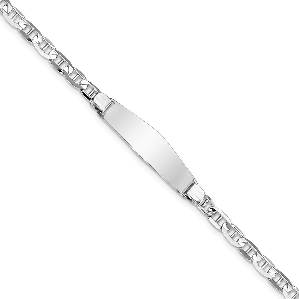 Engravable 14K White Gold Soft Diamond Shape Anchor Link ID Bracelet Length 7 inches Width 7.6 mm With Lobster Claw Clasp
