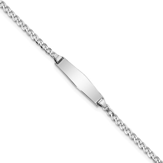 Engravable 14K White Gold Soft Diamond Shape Flat Curb Link ID Bracelet Length 7 inches Width 5.5 mm With Lobster Claw Clasp
