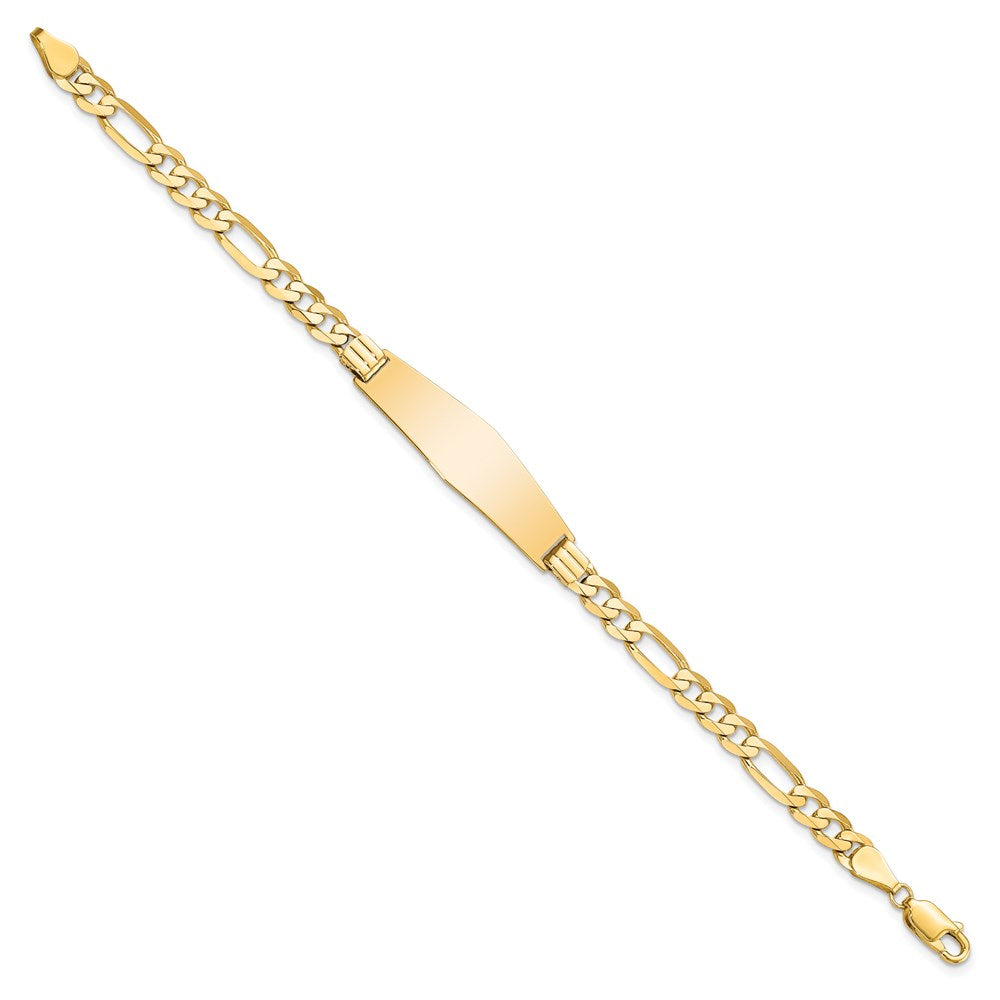 Engravable 14K Yellow Gold Flat Figaro Link Soft Diamond Shape ID Bracelet Length 8 inches Width 9 mm With Lobster Claw Clasp