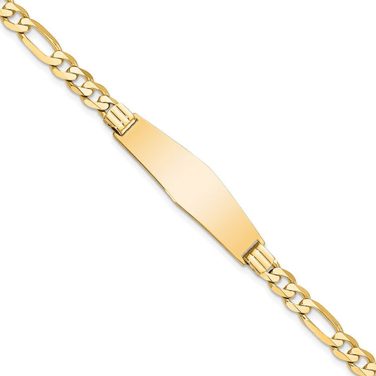 Engravable 14K Yellow Gold Flat Figaro Link Soft Diamond Shape ID Bracelet Length 7 inches Width 9 mm With Lobster Claw Clasp