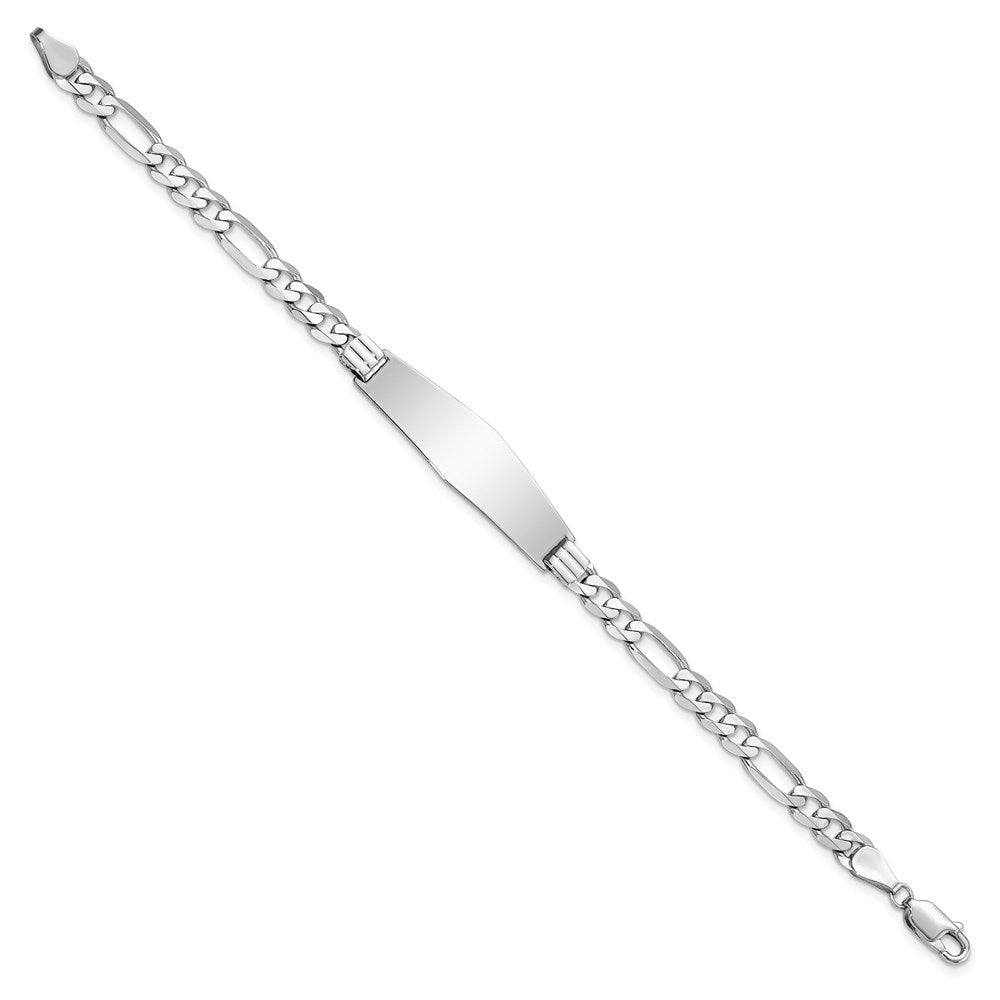 Engravable 14K White Gold Figaro Link Soft Diamond Shape ID Bracelet Length 7 inches Width 9 mm With Lobster Claw Clasp