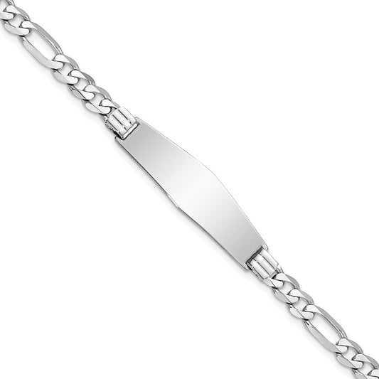 Engravable 14K White Gold Figaro Link Soft Diamond Shape ID Bracelet Length 8 inches Width 9 mm With Lobster Claw Clasp