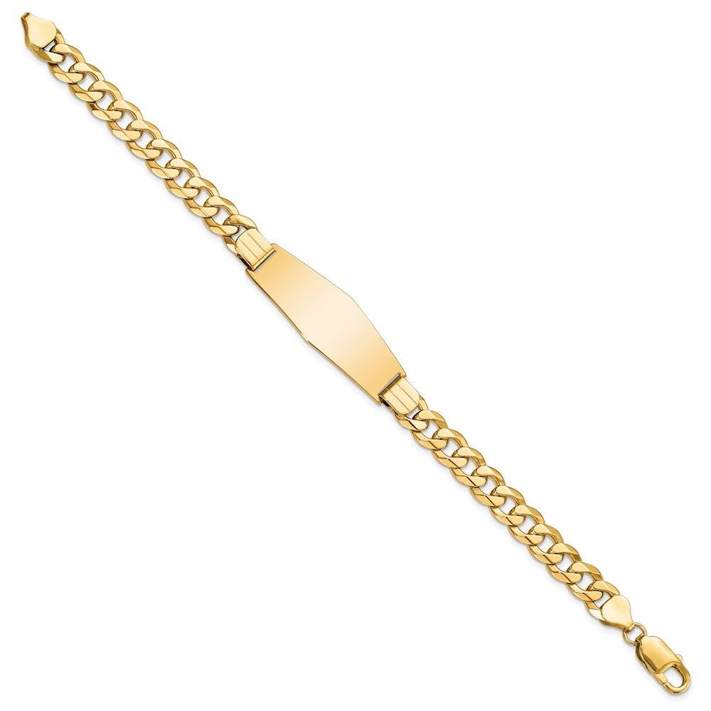 Engravable 14K Yellow Gold Flat Curb Link Soft Diamond Shape ID Bracelet Length 8 inches Width 14 mm With Lobster Claw Clasp