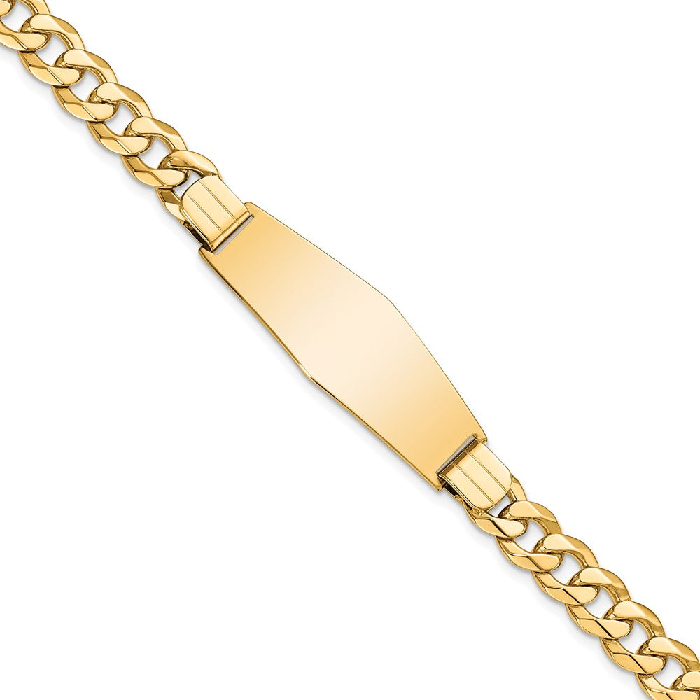 Engravable 14K Yellow Gold Flat Curb Link Soft Diamond Shape ID Bracelet Length 8 inches Width 14 mm With Lobster Claw Clasp