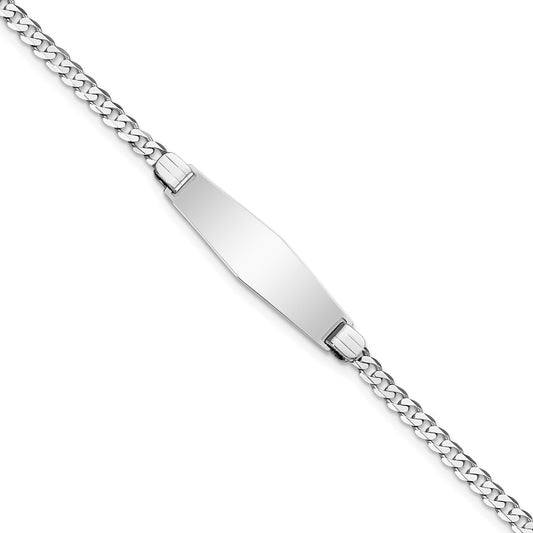 Engravable 14K White Gold Flat Curb Link Soft Diamond Shape ID Bracelet Length 8 inches Width 7.5 mm With Lobster Claw Clasp