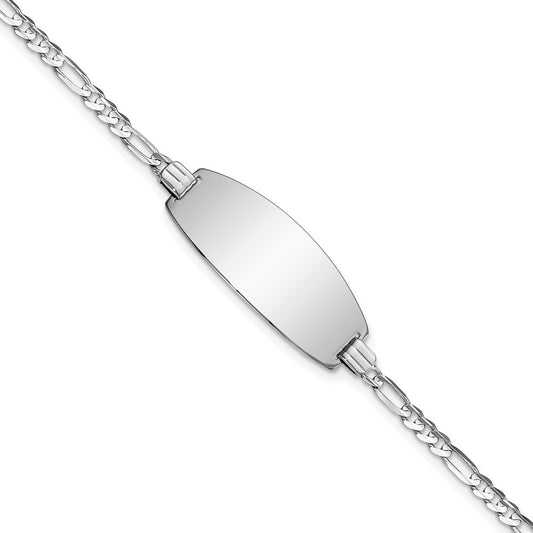 Engravable 14K White Gold Oval Figaro ID Bracelet Length 8 inches Width 10.5 mm With Lobster Claw Clasp