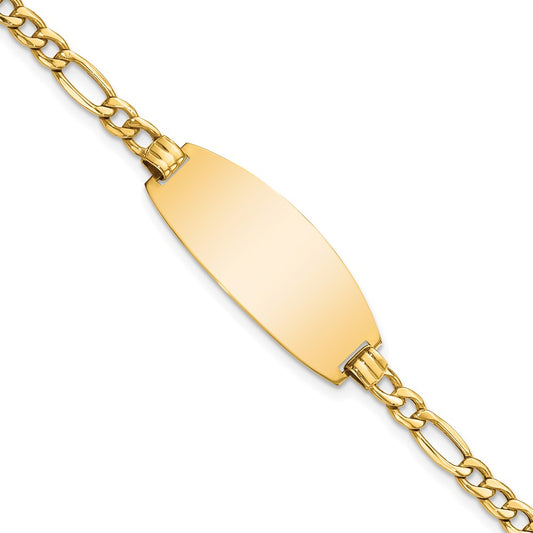 Engravable 14K Yellow Gold Oval Figaro ID Bracelet Length 7 inches Width 11.5 mm With Lobster Claw Clasp