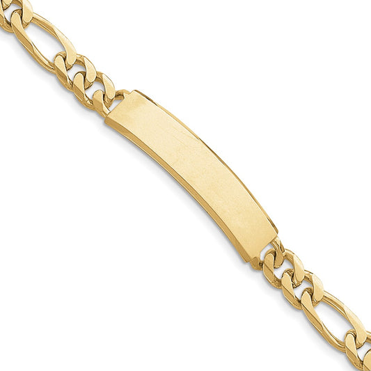 Engravable 14K Yellow Gold Hand polished Figaro ID Bracelet Length 8 inches Width 9 mm With Lobster Claw Clasp