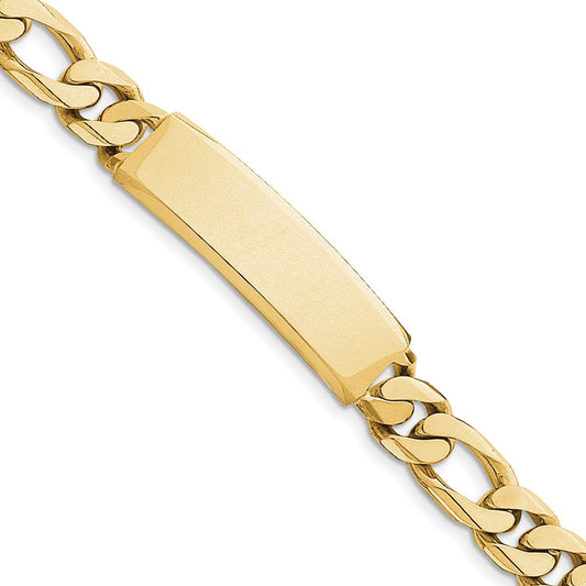 Engravable 14K Yellow Gold Hand polished Figaro Link ID Bracelet Length 8.5 inches Width 14 mm With Box And Tongue Clasp