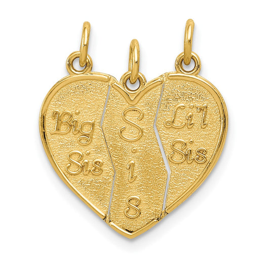 14k Yellow Gold 3 piece Break apart BIG SIS SIS LIL SISEngravable Charm Pendant Jewelry Gifts (Length 0.82" Width 0.66")