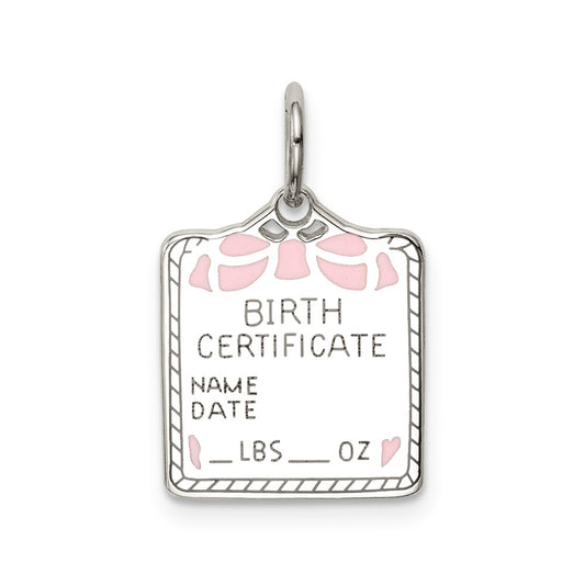 925 Sterling Silver Pink Birth Certificate Polished Engravable Charm Pendant Jewelry Gifts (Length 0.82" Width 0.51")