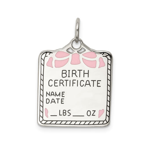 925 Sterling Silver Pink Birth Certificate Polished Front Satin Back Engravable Charm Pendant Jewelry Gifts (Length 0.98" Width 0.66")