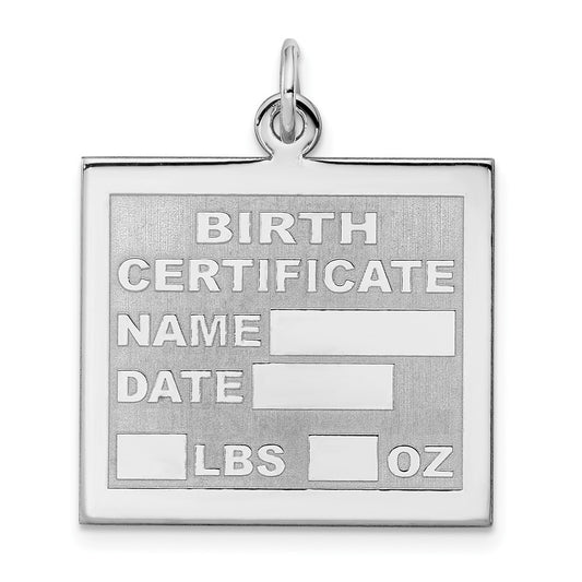 925 Sterling Silver Birth Certificate Polished Engravable Charm Pendant Jewelry Gifts (Length 1.09" Width 0.86")