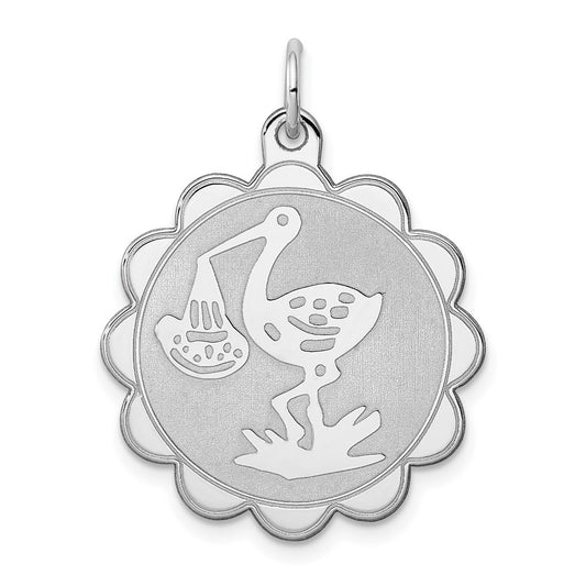 925 Sterling Silver Stork Disc Engravable Charm Pendant Jewelry Gifts (Length 1.17" Width 0.86")