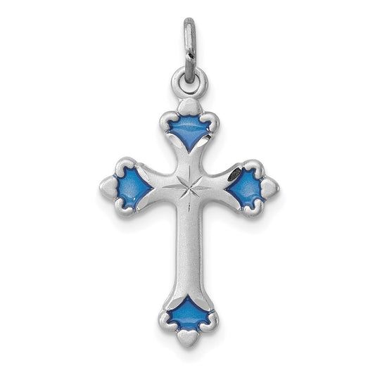 925 Sterling Silver Blue Enameled Budded Crucifix CrossEngravable Charm Pendant Jewelry Gifts (Length 0.9" Width 0.59")