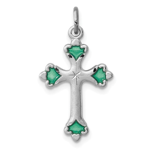 925 Sterling Silver Green Enameled Budded Crucifix CrossEngravable Charm Pendant Jewelry Gifts (Length 0.9" Width 0.59")