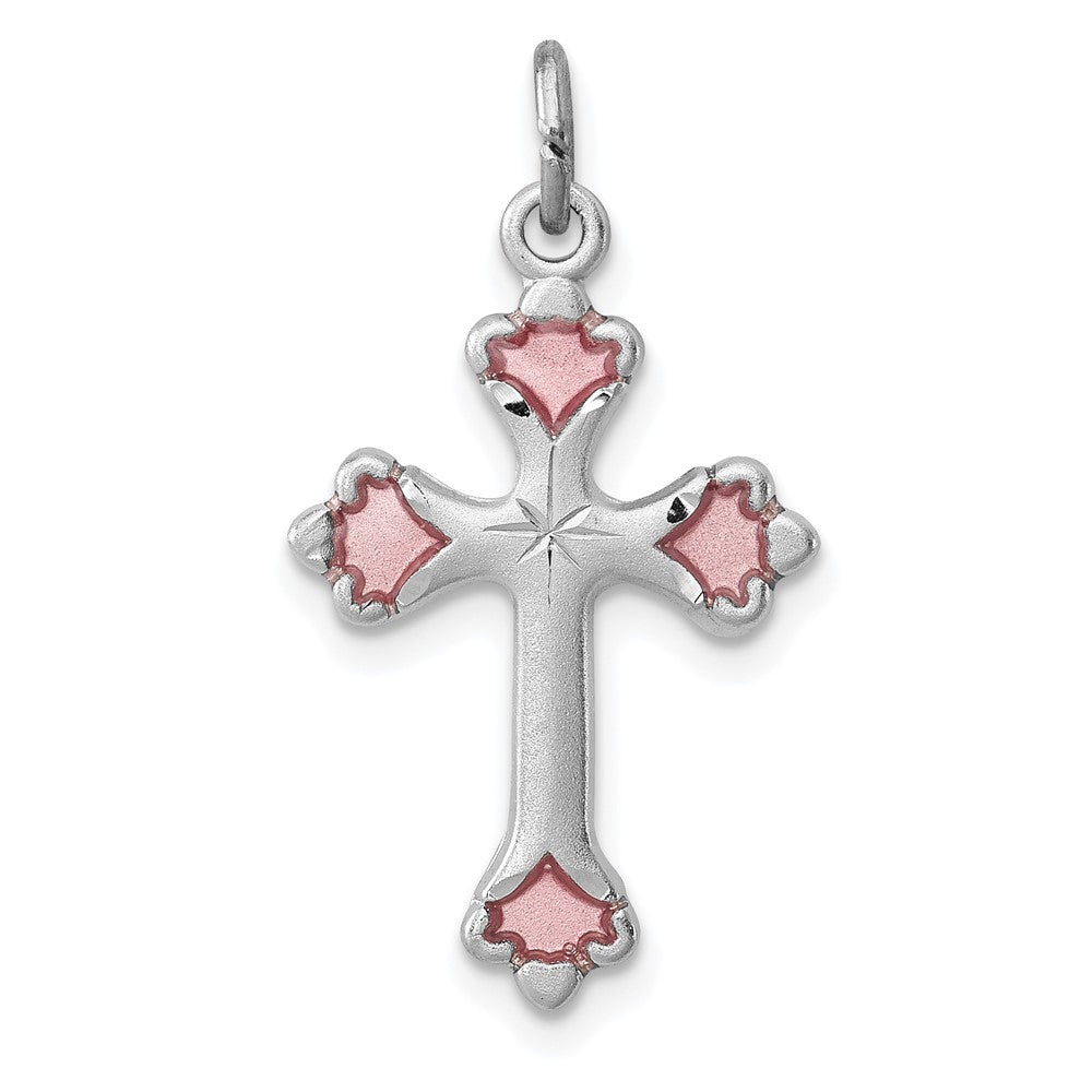 925 Sterling Silver Pink Enameled Budded Crucifix CrossEngravable Charm Pendant Jewelry Gifts (Length 0.9" Width 0.59")