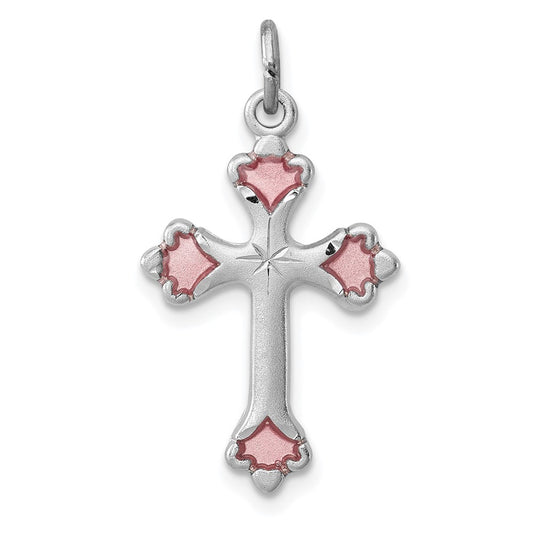 925 Sterling Silver Pink Enameled Budded Crucifix CrossEngravable Charm Pendant Jewelry Gifts (Length 0.9" Width 0.59")