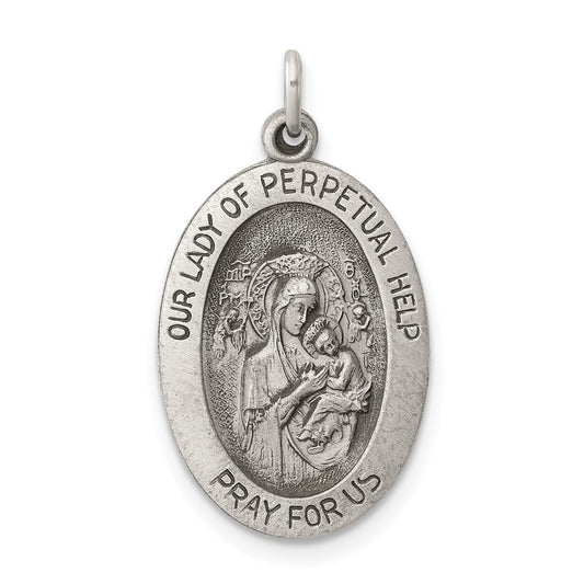 925 Sterling Silver Antiqued Our Lady of Perpetual Help Oval Medal Engravable Charm Pendant Jewelry Gifts (Length 0.9" Width 0.7")