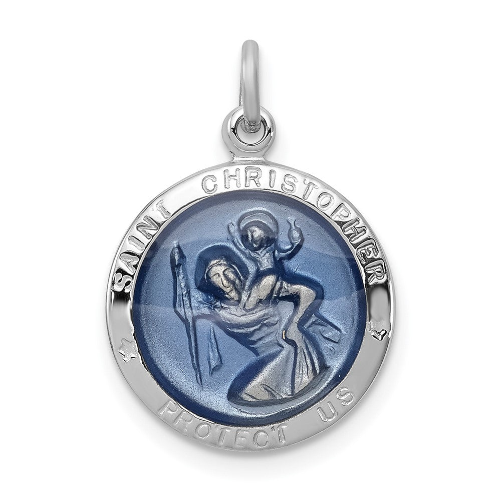 925 Sterling Silver Blue Epoxy St. Christopher Medal Engravable Charm Pendant Jewelry Gifts (Length 0.78" Width 0.59")