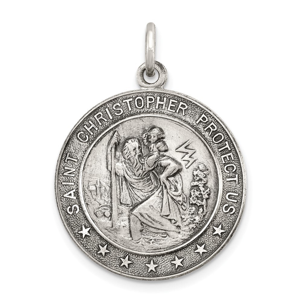 925 Sterling Silver Antique St. Christopher Medal Engravable Charm Pendant Jewelry Gifts (Length 1.21" Width 0.82")