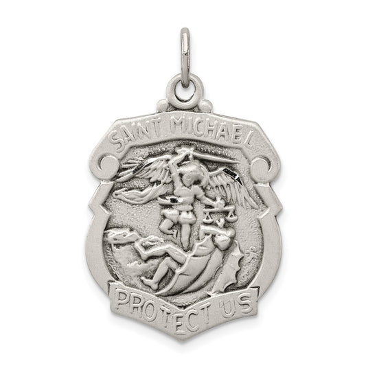 925 Sterling Silver Diamond Cut St. Michael Badge Medal Engravable Charm Pendant Jewelry Gifts (Length 1.33" Width 0.82")