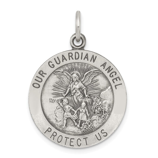 925 Sterling Silver Antiqued Guardian Angel Medal Engravable Charm Pendant Jewelry Gifts (Length 1.17" Width 0.86")