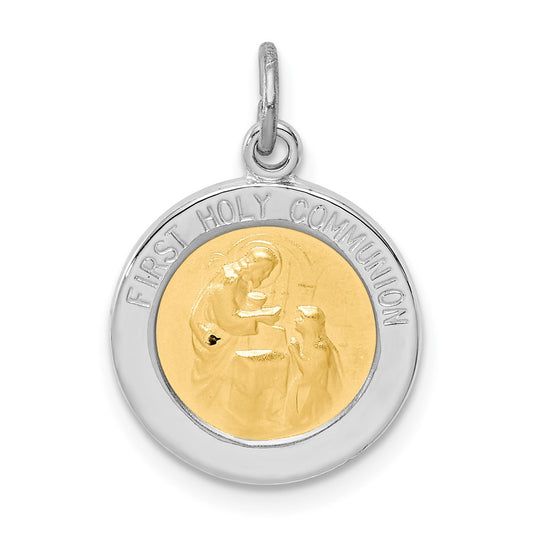 925 Sterling Silver Vermeil Holy Communion Medal Engravable Charm Pendant Jewelry Gifts (Length 0.98" Width 0.86")