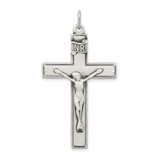 925 Sterling Silver Antiqued INRI CrucifixEngravable Charm Pendant Jewelry Gifts (Length 1.79" Width 0.98")