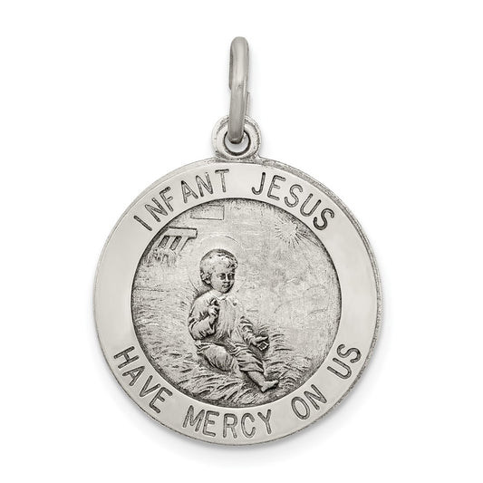925 Sterling Silver Antiqued Infant Jesus Medal Engravable Charm Pendant Jewelry Gifts (Length 0.66" Width 0.43")