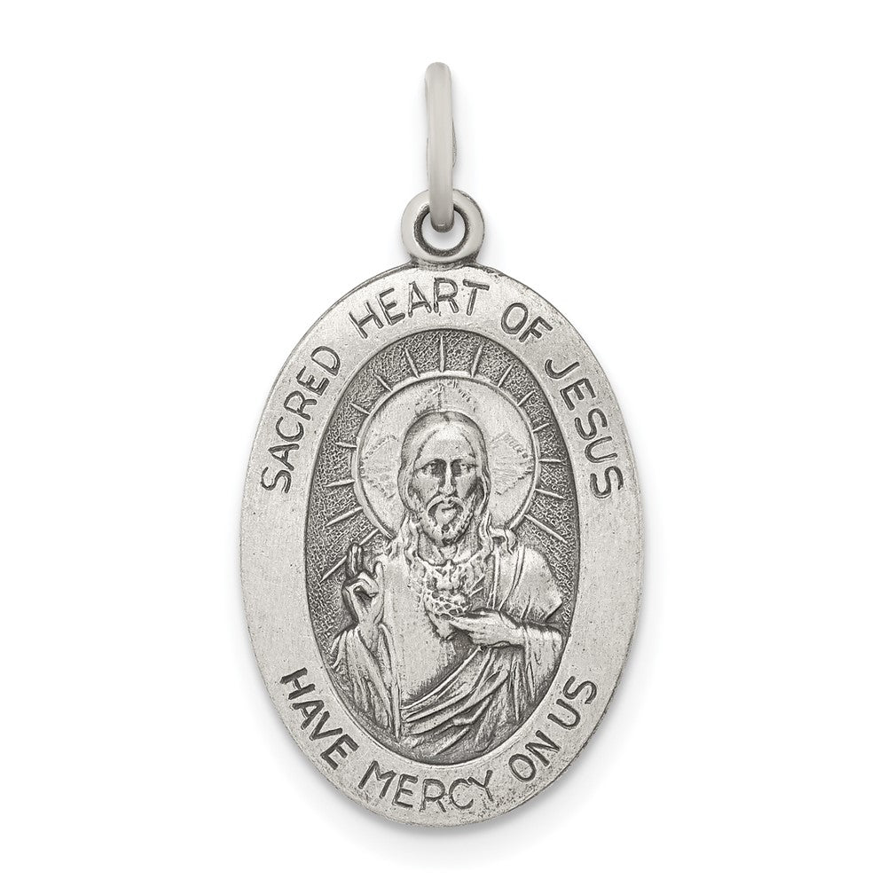 925 Sterling Silver Antiqued Sacred Heart of Jesus Medal Engravable Charm Pendant Jewelry Gifts (Length 0.86" Width 0.59")